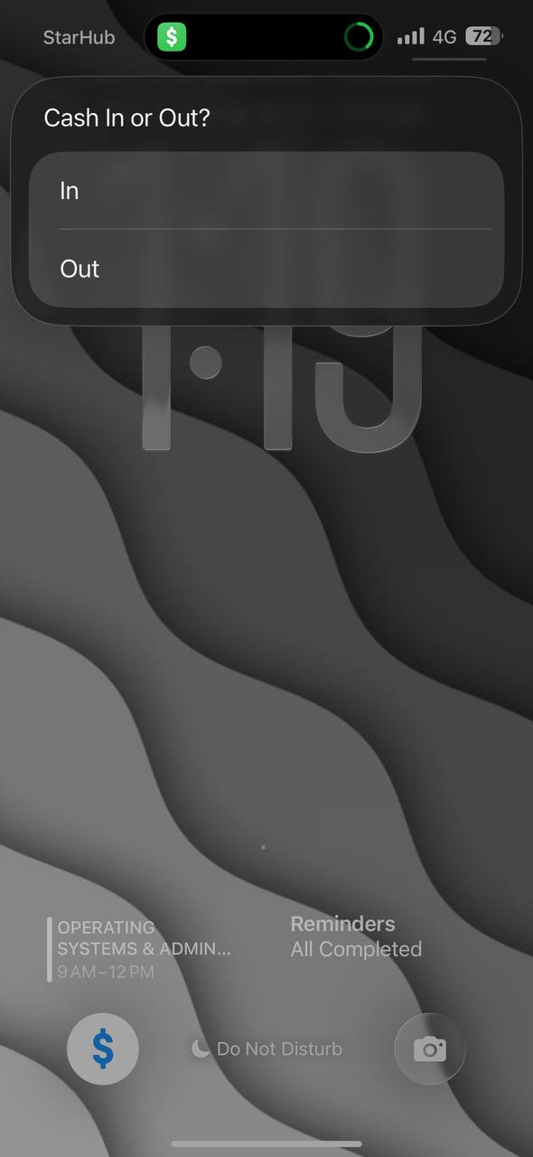 Cash In/Out Selection