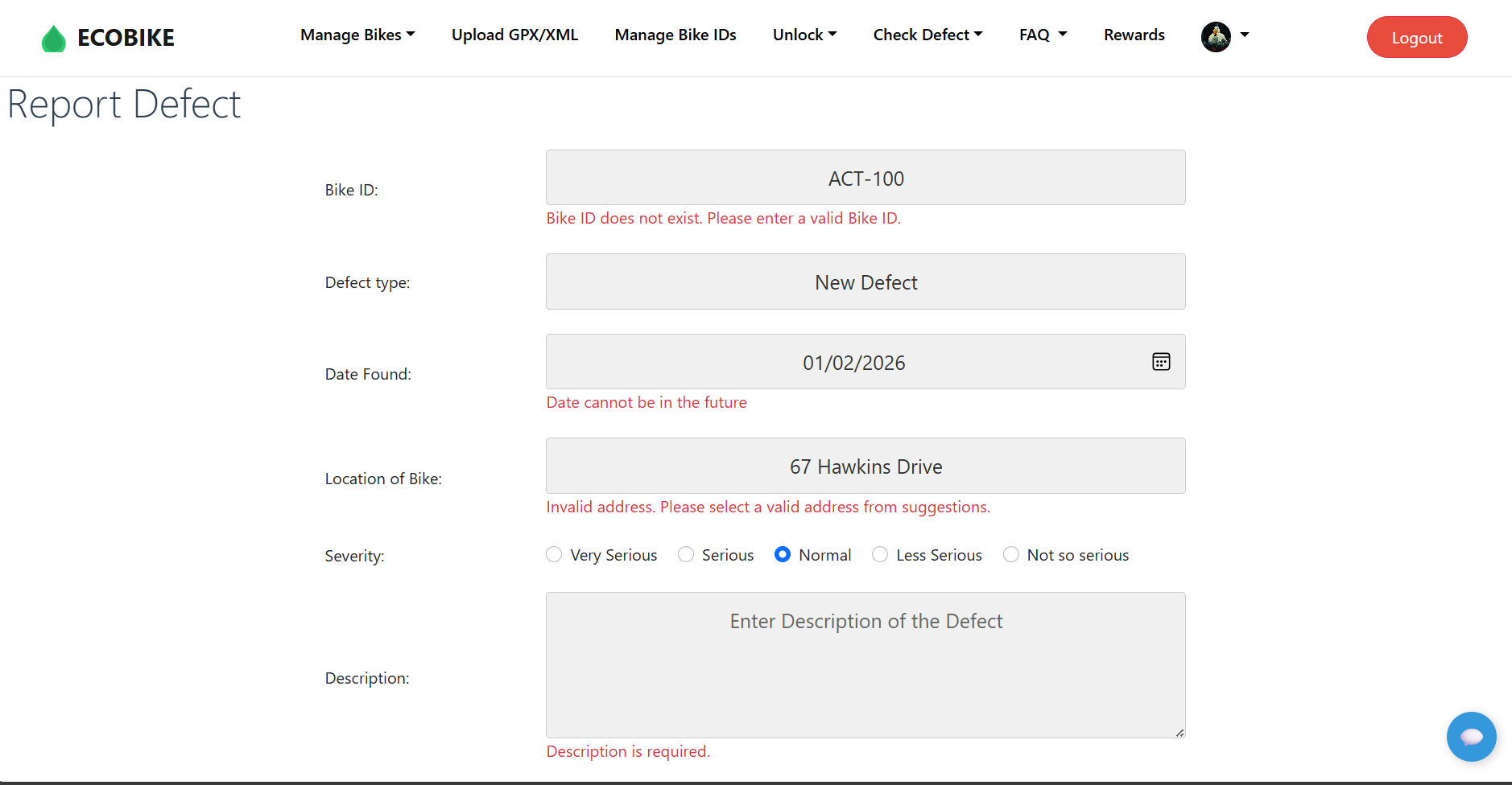 EcoBike Defect Reporting Form