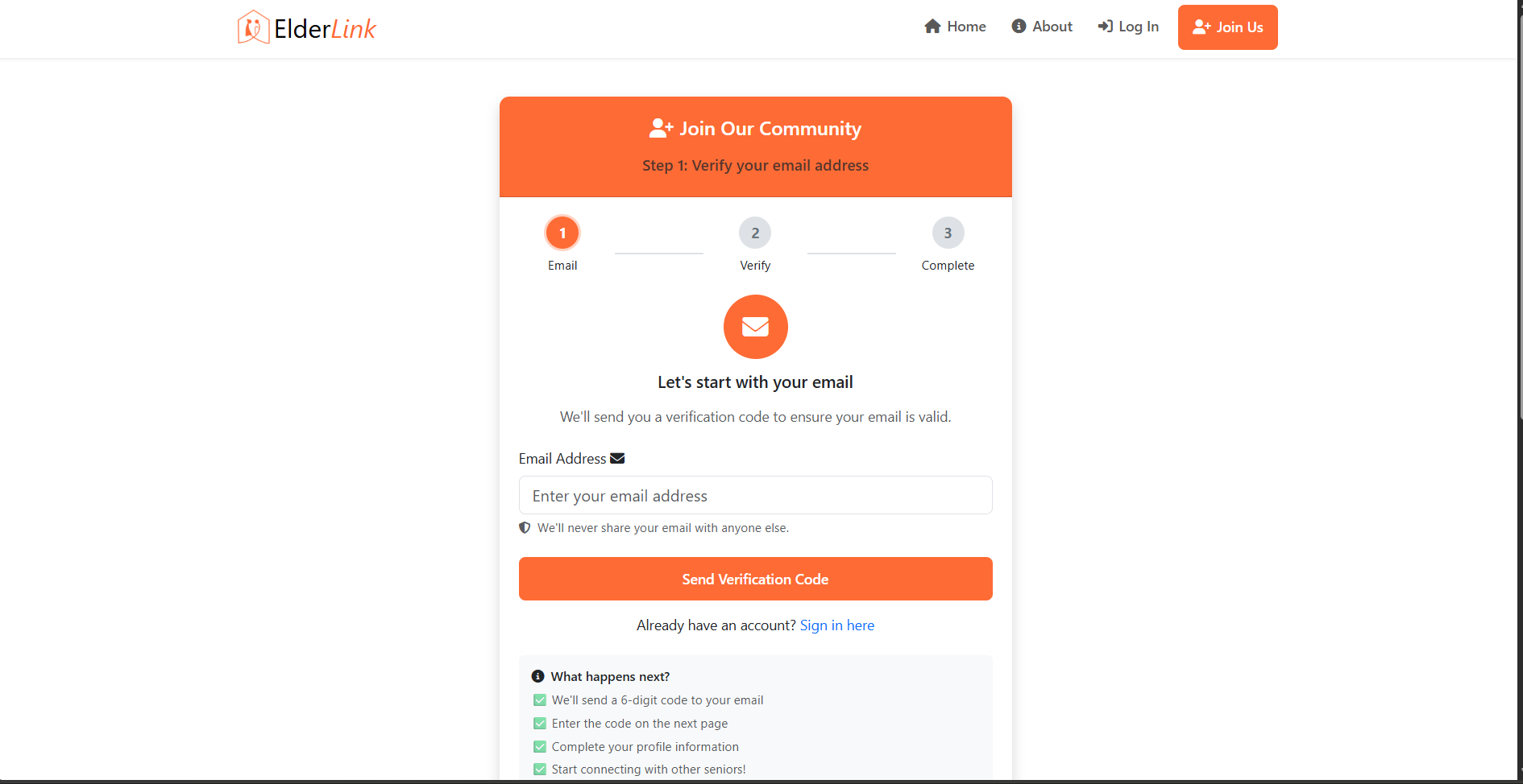 Elderlink Signup Page